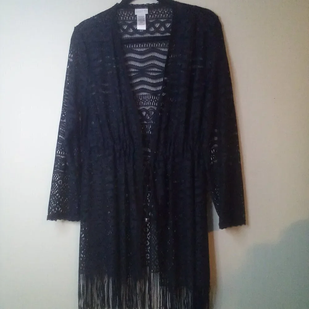 Dotti Cardigan Sweater Women S Long Sleeve Fringe Lace Open Tie Front Black